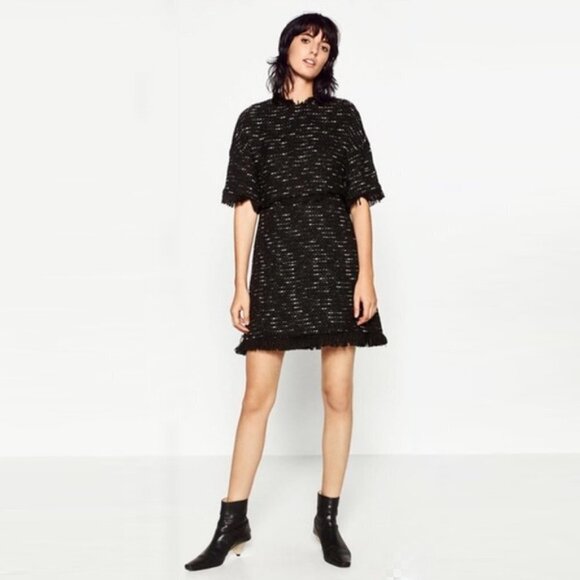 Zara Dresses & Skirts - Zara Black Tweed Fringe Short Sleeve Mini Dress XS